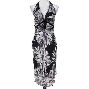 Eva Blue Dress Petites 8P Black Gray Floral Chiffon Halter Velour Trim Vintage